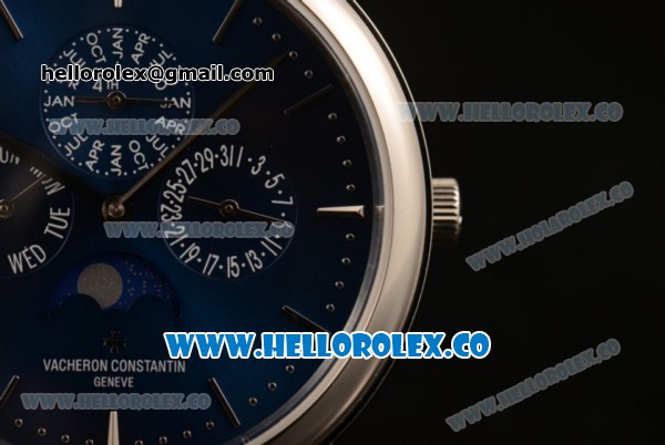 Vacheron Constantin Patrimony Perpetual Calendar Clone Original Automatic Steel Case with Blue Dial and Blue Leather Strap - (AAAF) - Click Image to Close